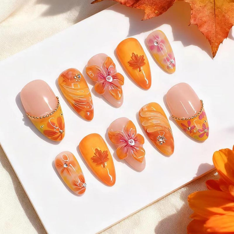 SEENEEY Fall Medium Press on Nails Almond Fake Nails Red Maple Leaves Designs Artificial Nail Orange Flowers Stick on Nail for Women 30pcs - Image 1